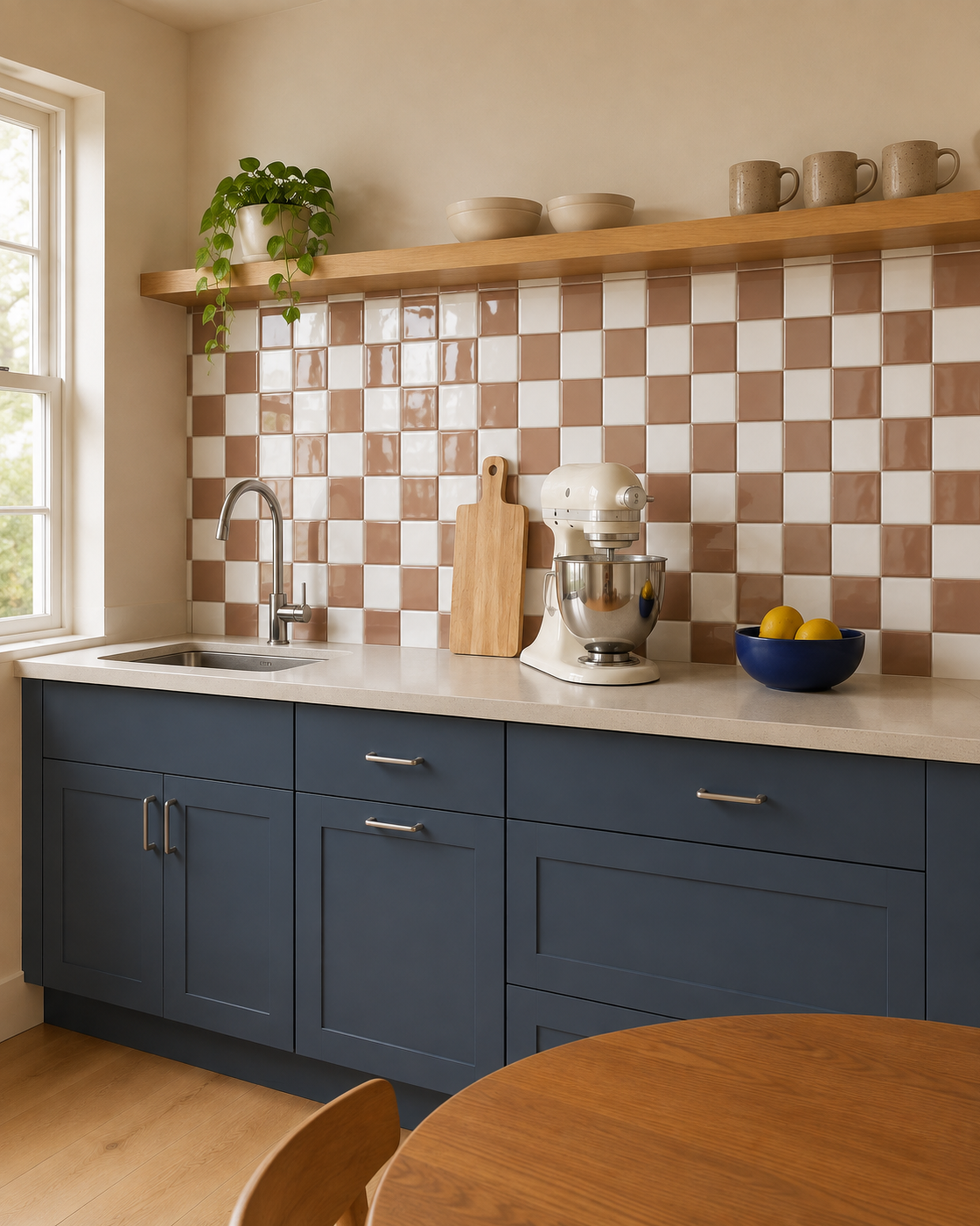 MORCART MT2420 mocha brown and white checkerboard backsplash in a kitchen with smoky blue cabinets, oblique wide view.