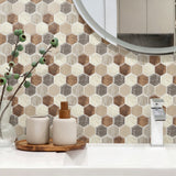 Brown and cream hexagon wall tiles beside a vanity mirror - MT2616