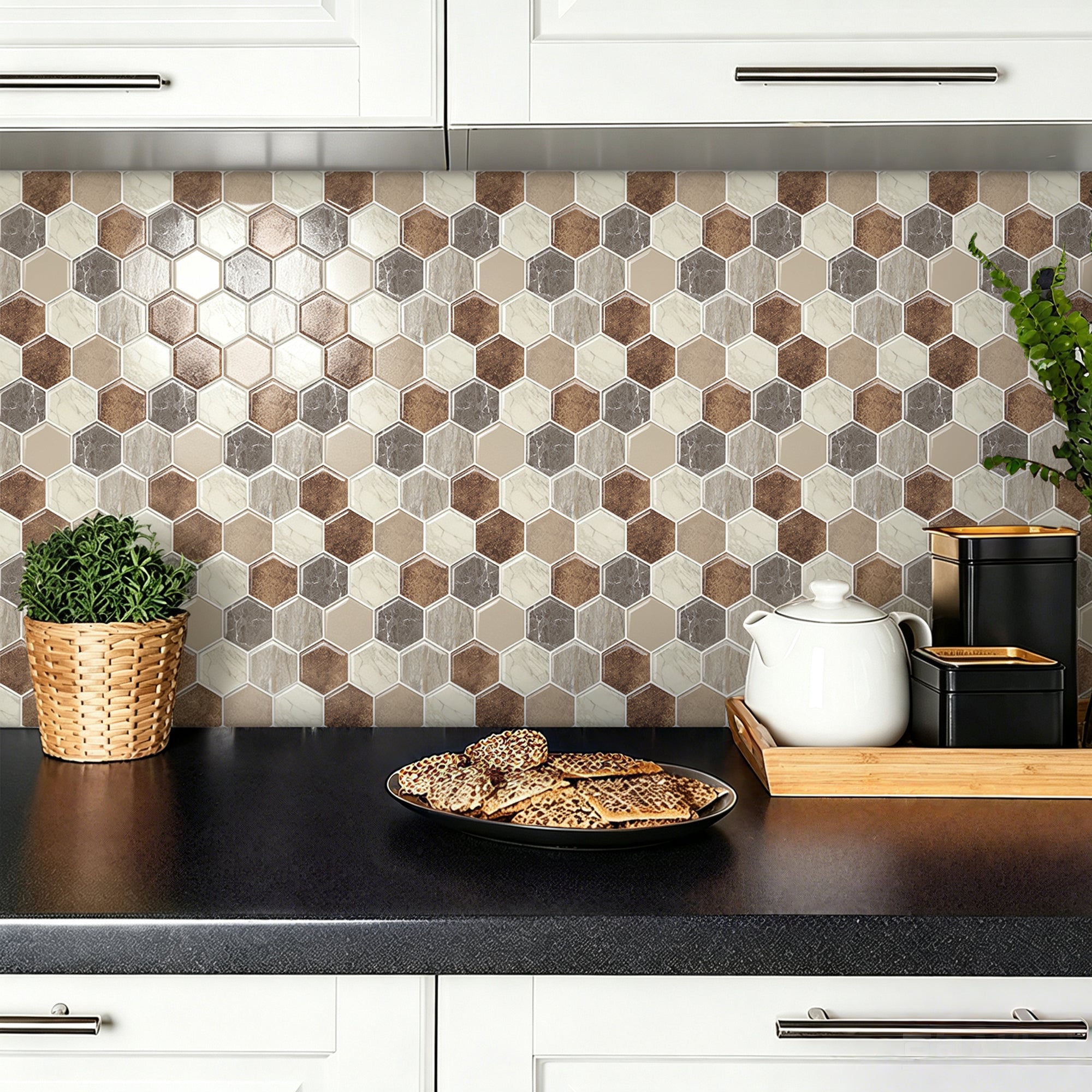 Brown marble-look hexagon wall tiles behind a kitchen counter - MT2616