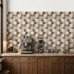 Brown and cream hexagon wall tiles behind a coffee counter - MT2616