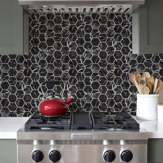 MT1207 - Black Marble Hexagon Decals Peel And Stick Backsplash Tile , 12" x 12" White Tile