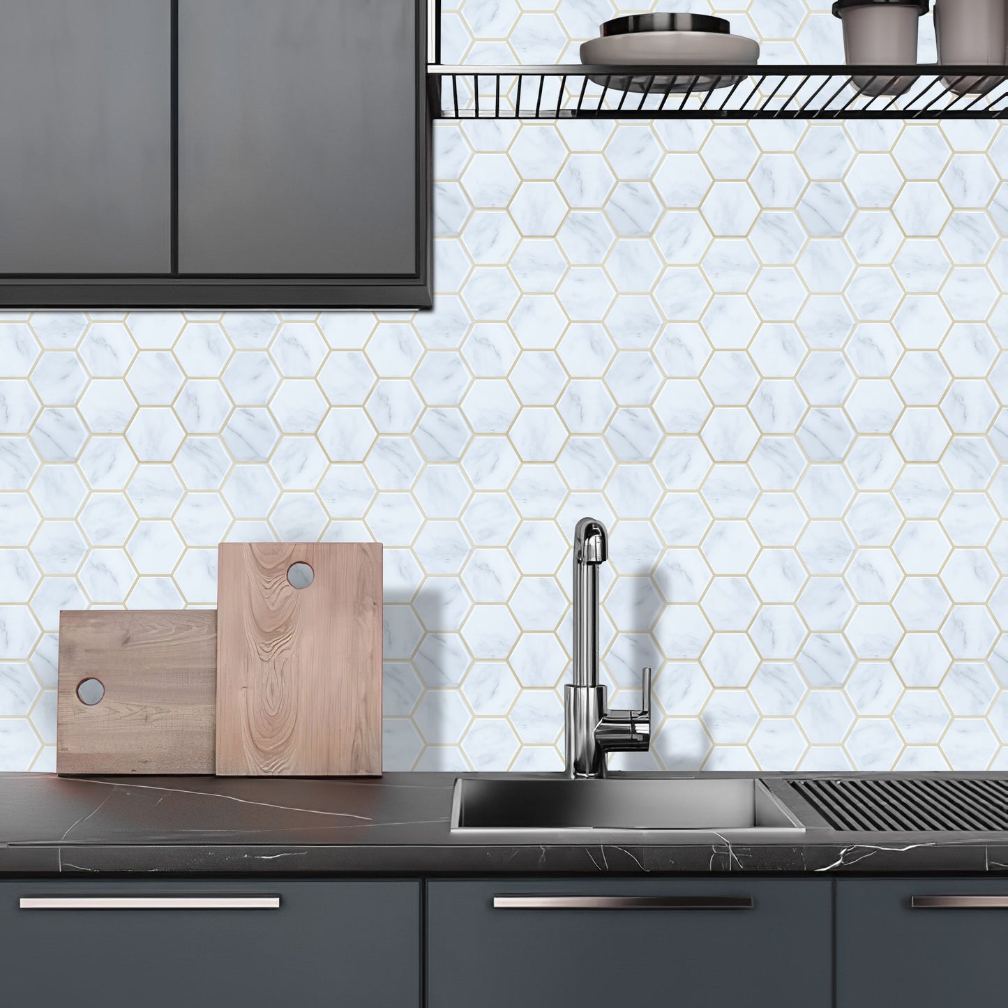 MT1210 - White Carrara Marble hexagon Decals Peel And Stick Backsplash Tile , 12" x 12" White Tile