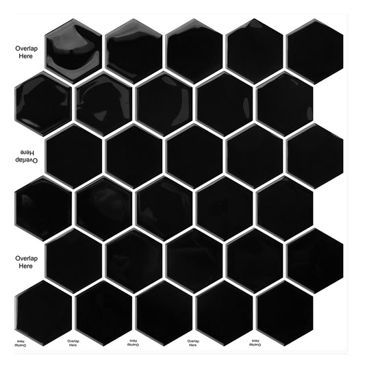 MT1253 - Black Hexagon Decals Peel And Stick Backsplash Tile , 12" x 12" White Tile