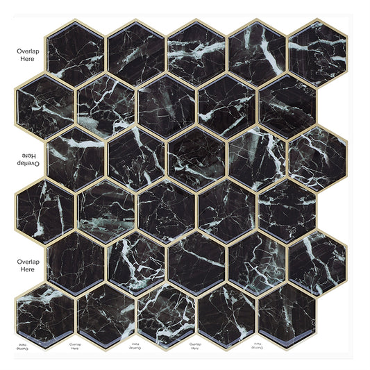 MT1207 - Black Marble Hexagon Decals Peel And Stick Backsplash Tile , 12" x 12" White Tile