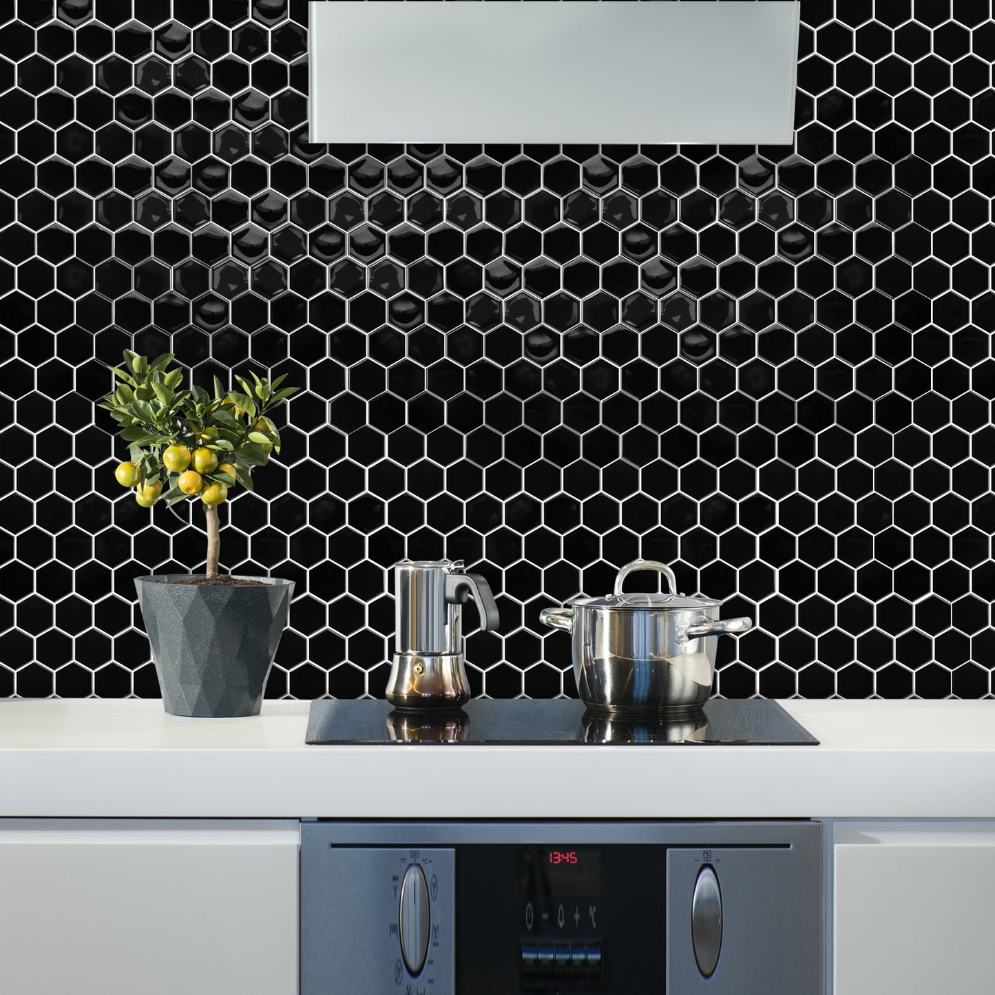MT1253 - Black Hexagon Decals Peel And Stick Backsplash Tile , 12" x 12" White Tile