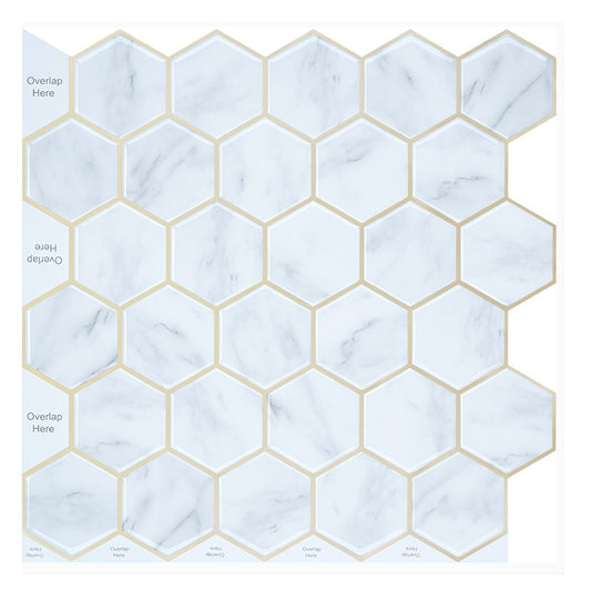 MT1210 - White Carrara Marble hexagon Decals Peel And Stick Backsplash Tile , 12" x 12" White Tile