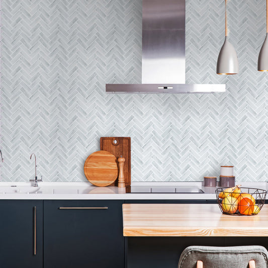 MT1212 - Herringbone Decals Peel And Stick Backsplash Tile , 12" x 12" White Tile