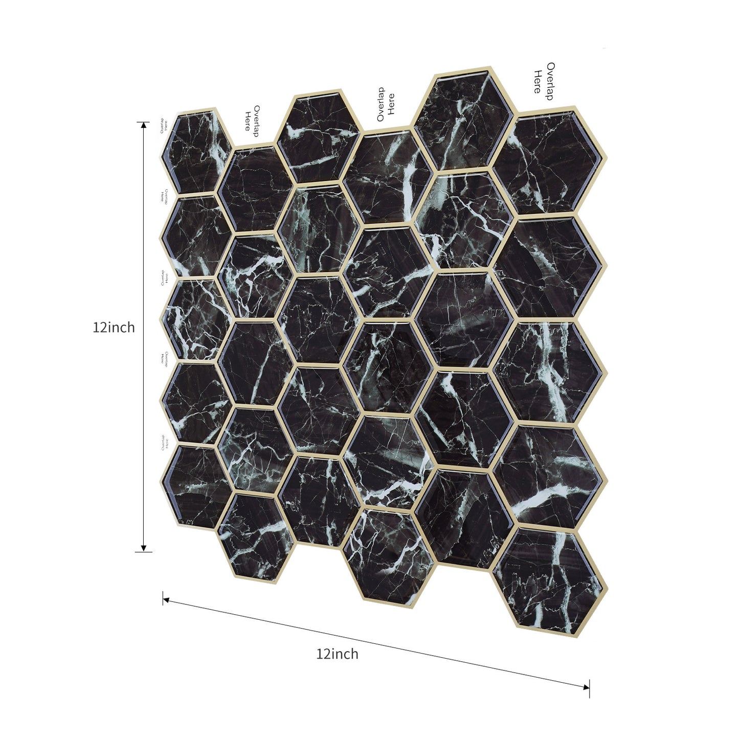 MT1207 - Black Marble Hexagon Decals Peel And Stick Backsplash Tile , 12" x 12" White Tile