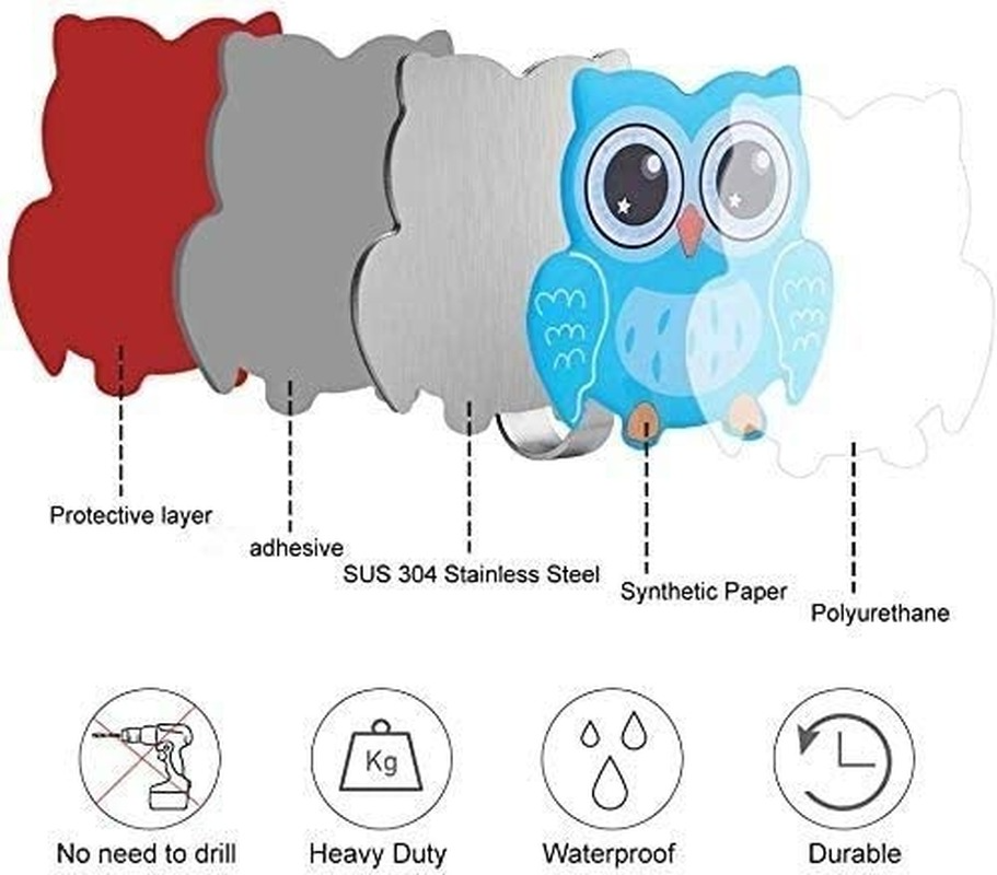 Cute Owl Stainless Steel Adhesive Wall Hooks 4 pcs