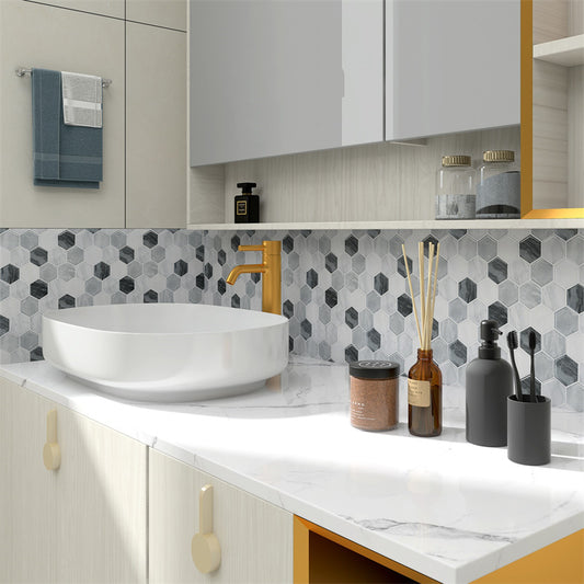 MT1084 - Regular hexagon Decals Peel And Stick Backsplash Tile , 12" x 12" Marble Tile