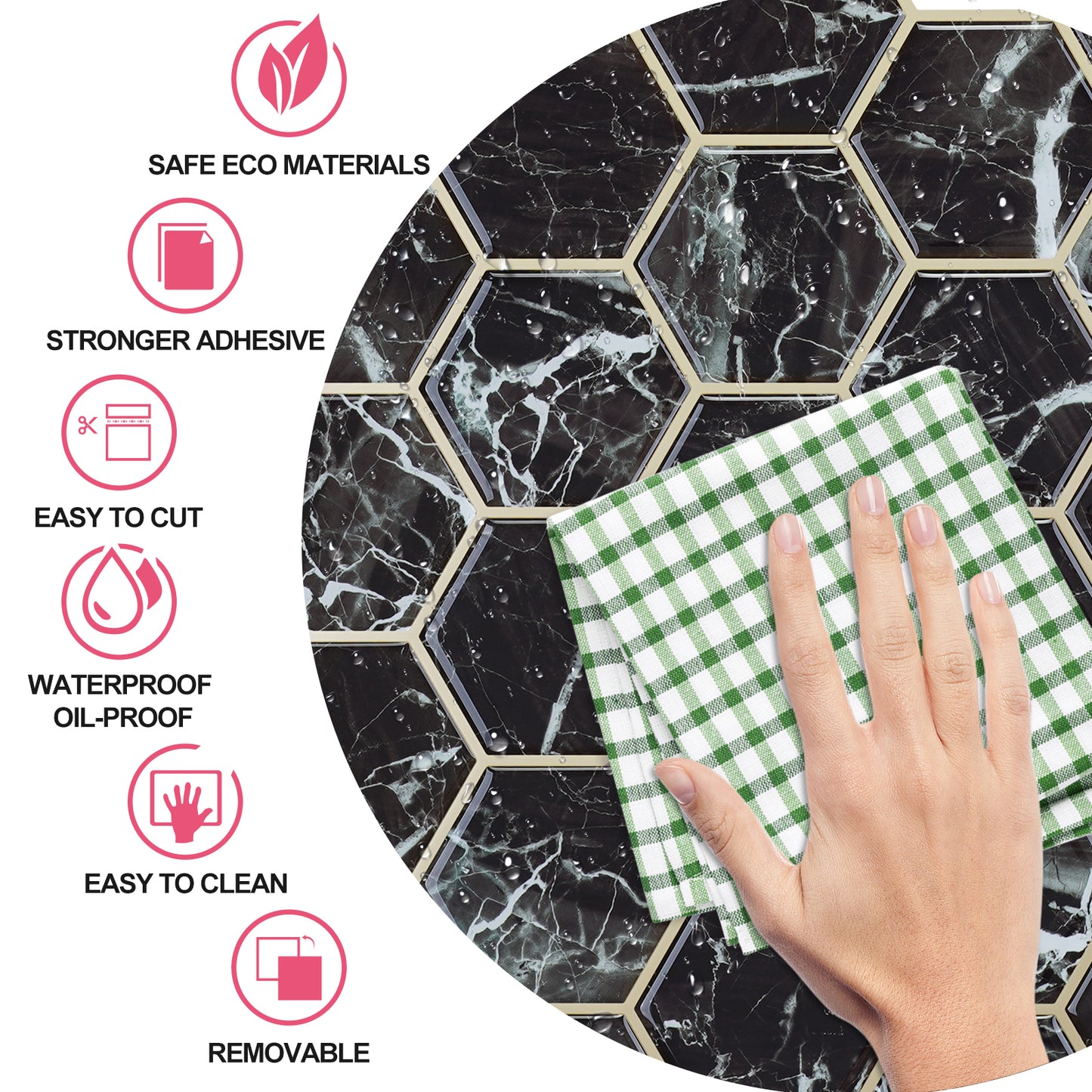 MT1207 - Black Marble Hexagon Decals Peel And Stick Backsplash Tile , 12" x 12" White Tile