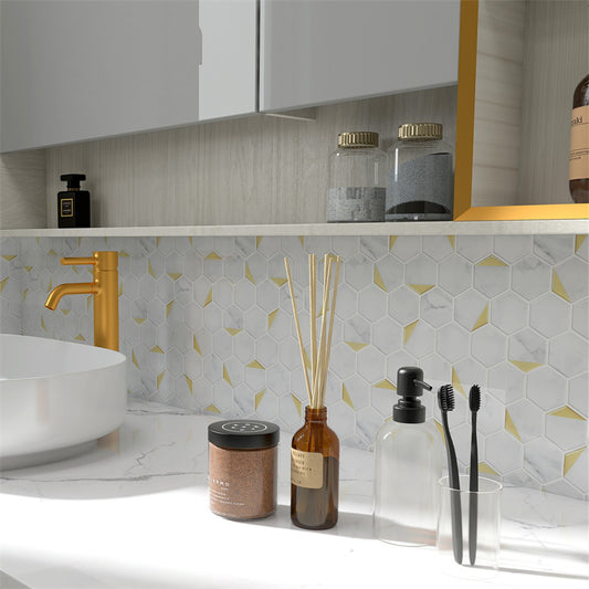 MT1179 - Regular hexagon Decals Peel And Stick Backsplash Tile , 12" x 12" White/gold Tile